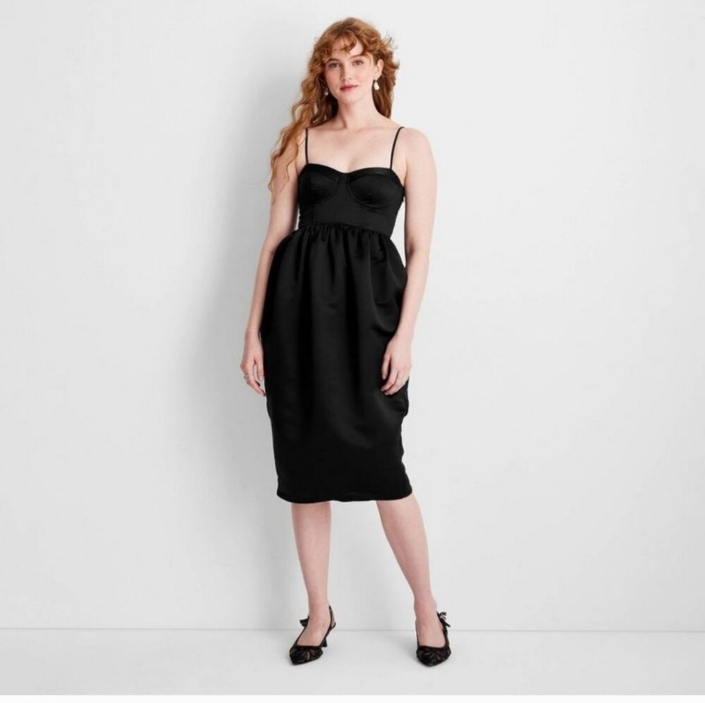 Women's Holiday Sweetheart Bubble Satin Midi Dress - Future Collective Black M